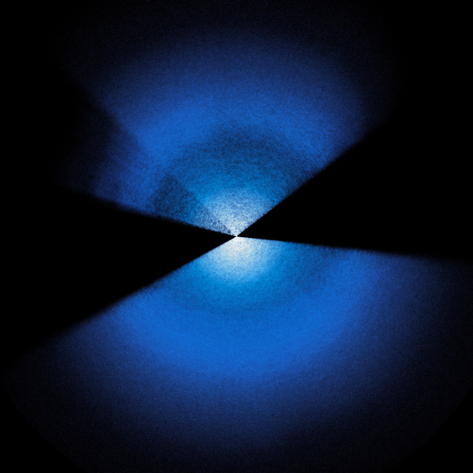 Blue point-cloud visualization of the DESI galaxy and quasar map, forming two broad fan-shaped survey regions against black space.
