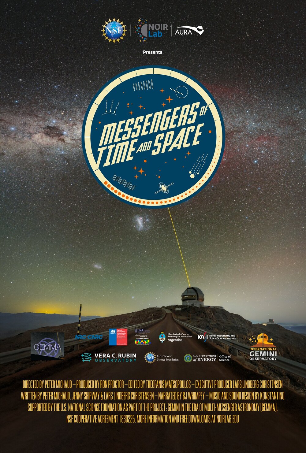 Poster for Messengers of Time and Space, featuring a circular show emblem above the Gemini South telescope beneath a star-filled sky.