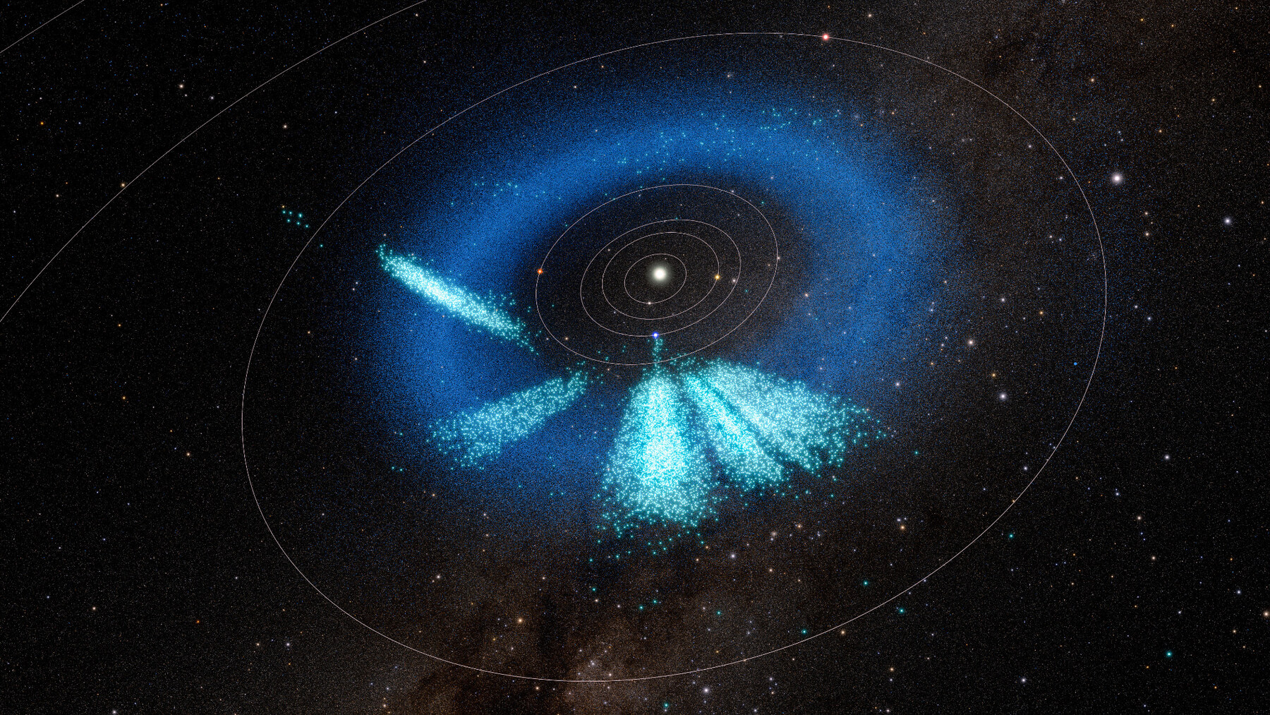 Solar System visualization with thousands of blue and teal asteroid points forming orbital bands around the Sun.